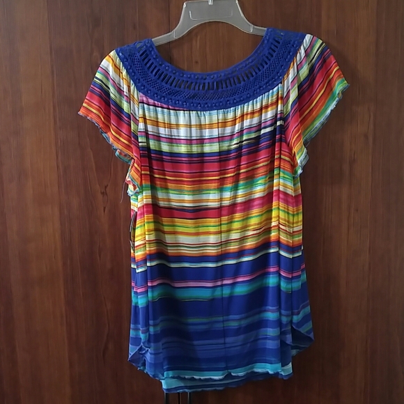 New Directions Crochet Neck Mesh Top Royal Stripes size MP - Picture 2 of 5